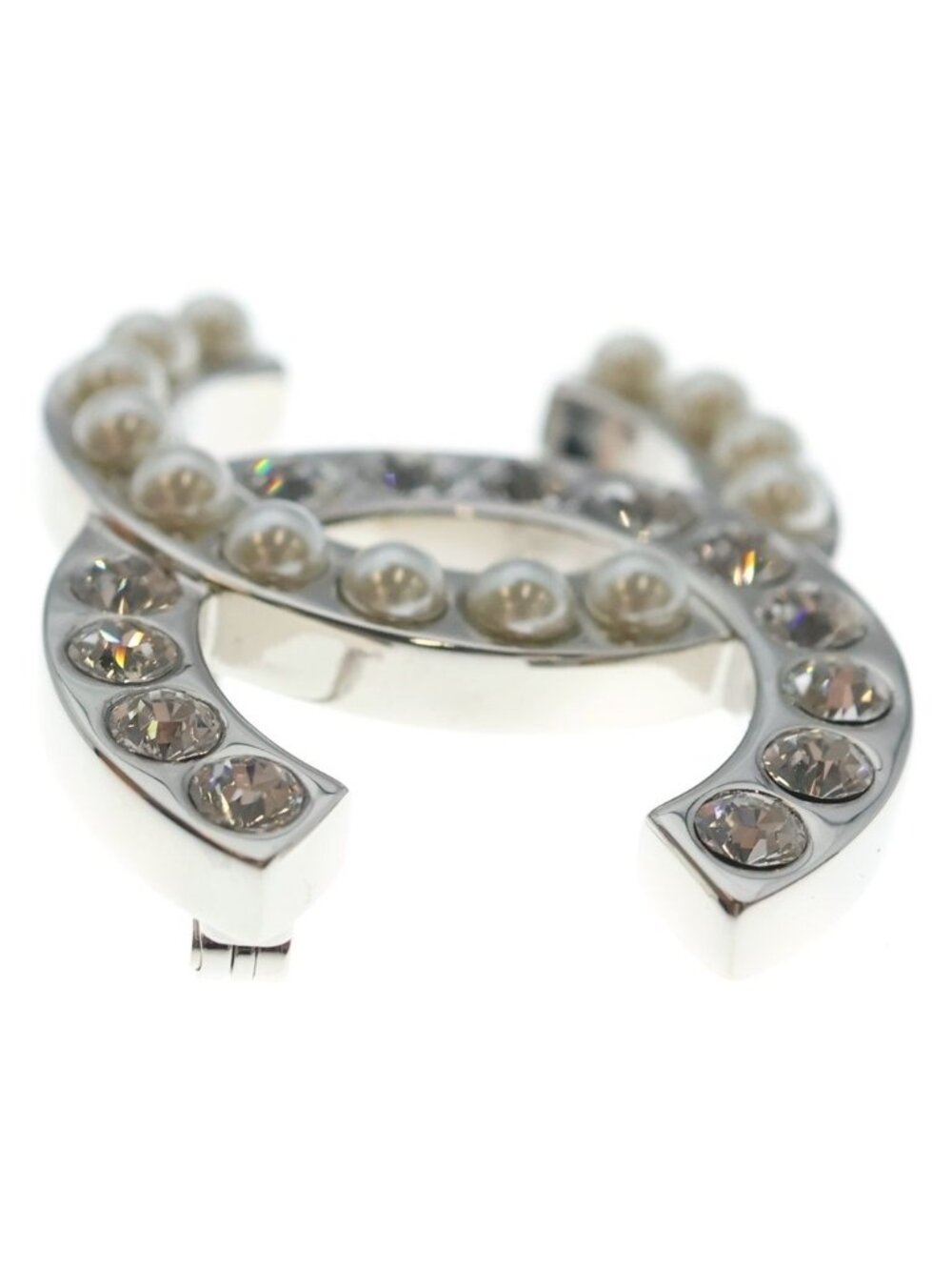 Chanel CC Logo Faux Pearl Line Stone Brooch Pin Badge Silver - Picture 4 of 6